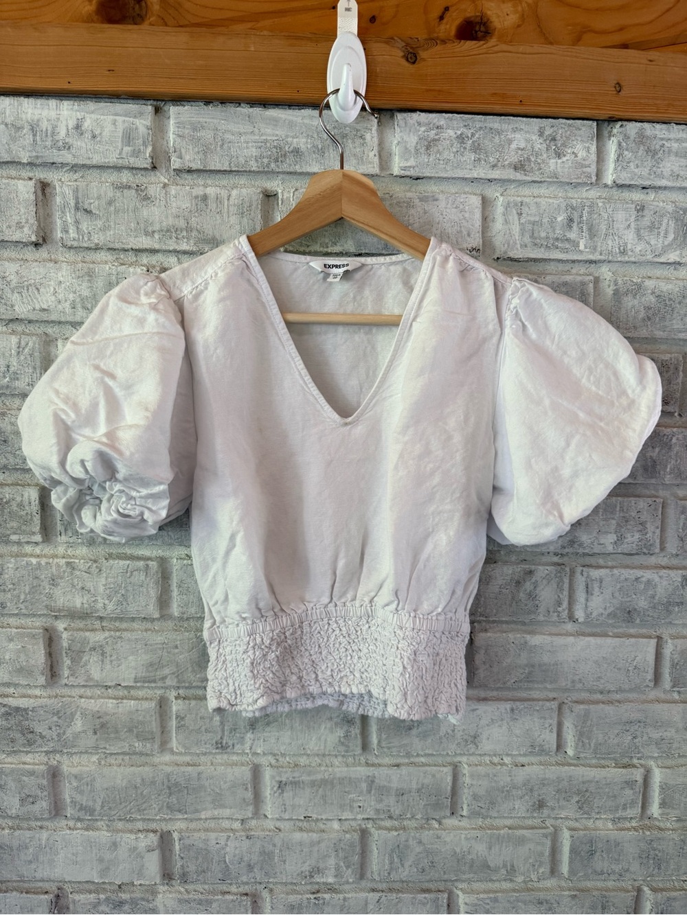 Express White Puff Sleeve V-Neck Smocked Waist Blouse